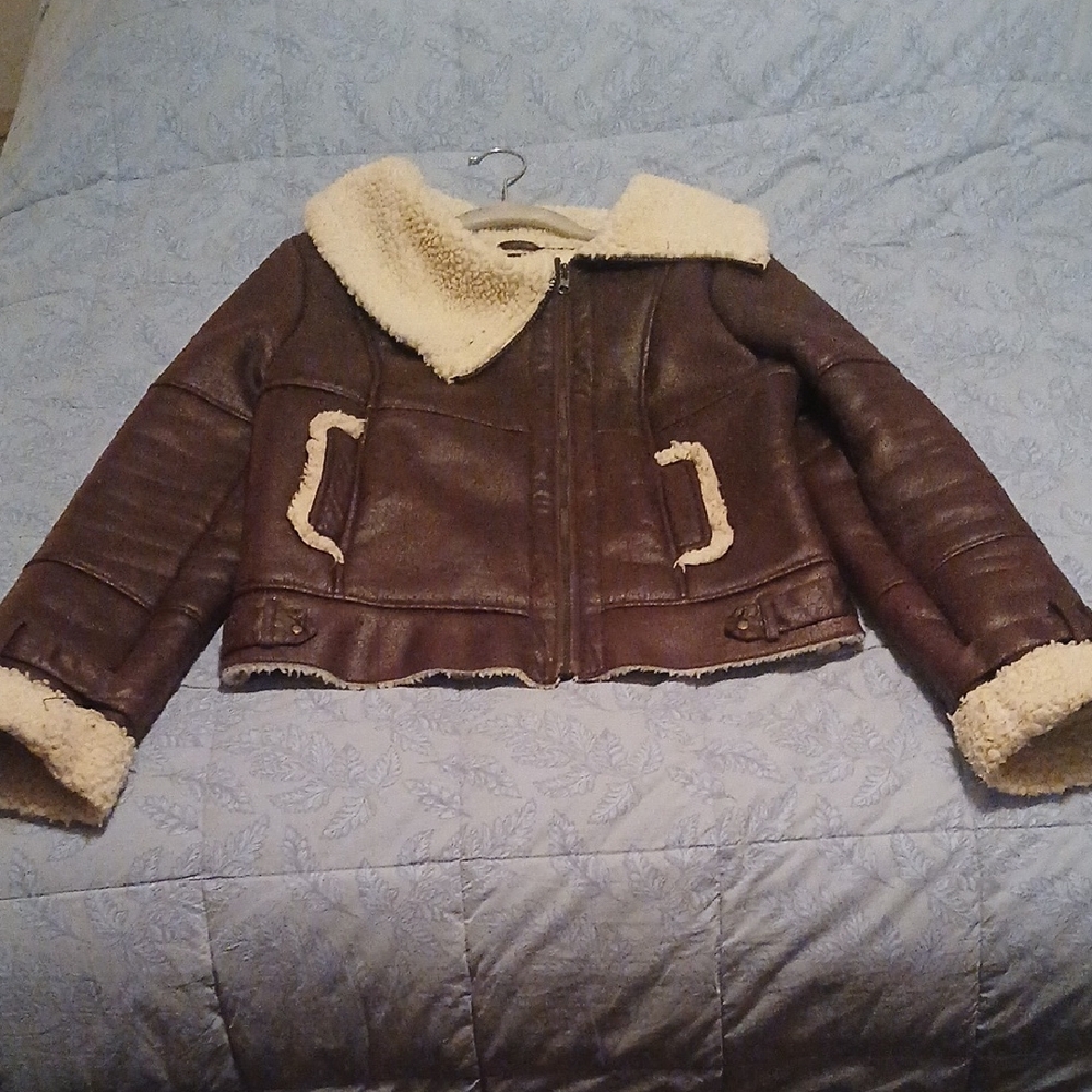 CoffeeShop Dark Brown Shearling Bomber Jacket Size Small